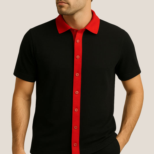 Black Polo with Red Collar & Full Button Placket